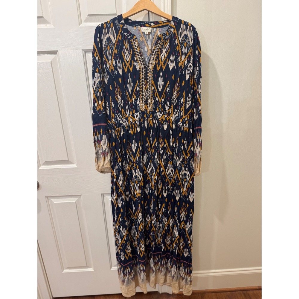 Wonderly Womens XL Navy Blue Ikat Print Embroidered Split Neck Maxi Dress Boho